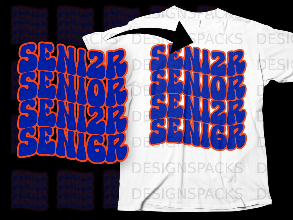 Blue and orange "SENIOR" text stacked four times on a white t-shirt.
