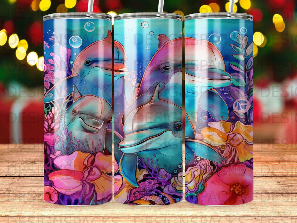 Three smiling dolphins swim among colorful coral and flowers underwater.