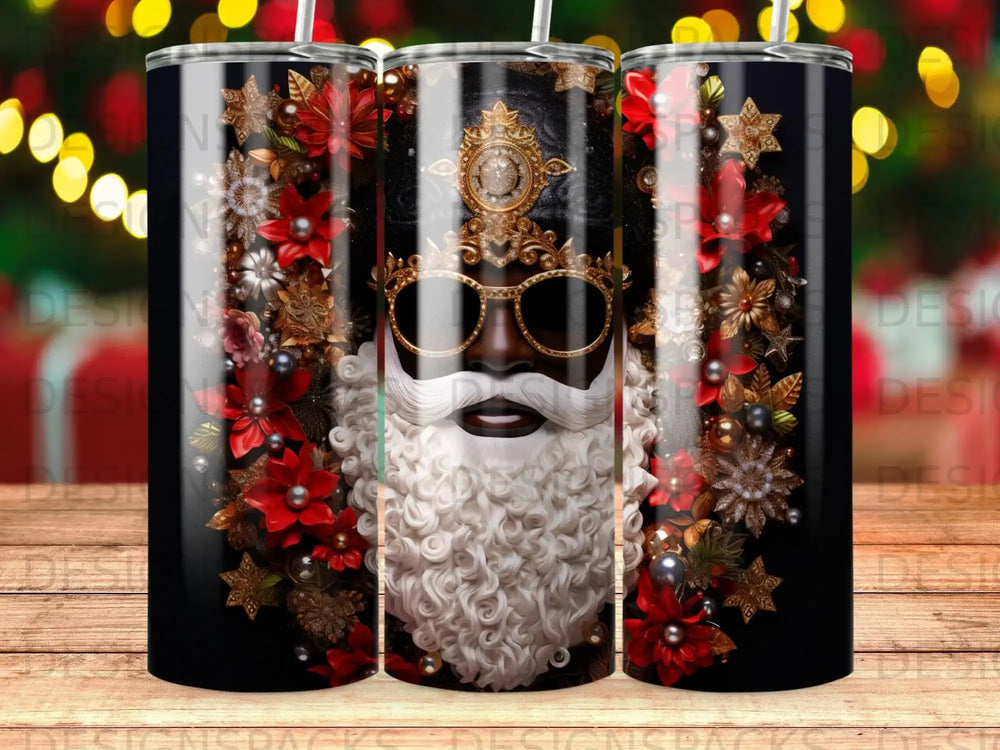 Santa Claus face with ornate gold crown, red flowers, and white beard.