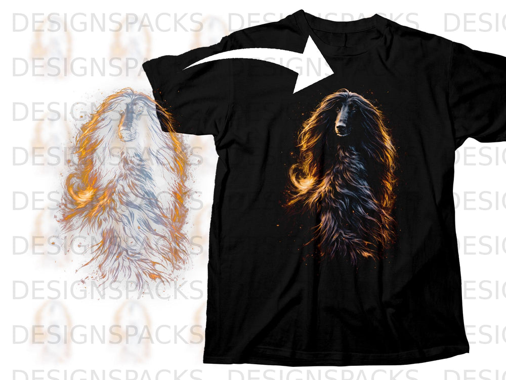 Black t-shirt with a vibrant artistic rendering of an Afghan Hound.