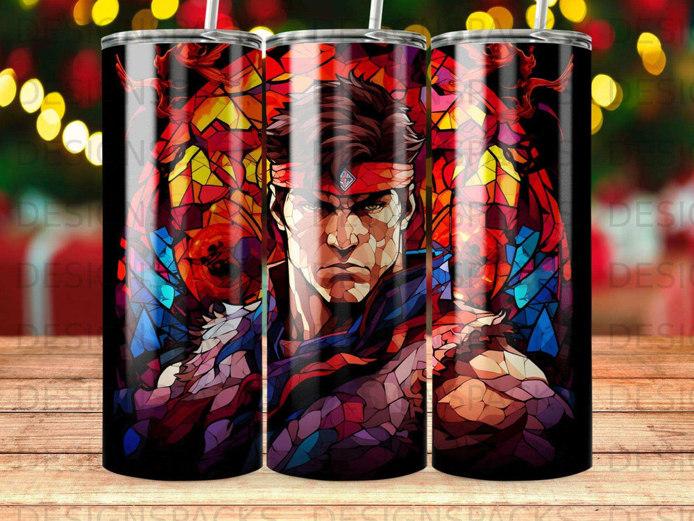 Fighter with red bandana and stained-glass background.