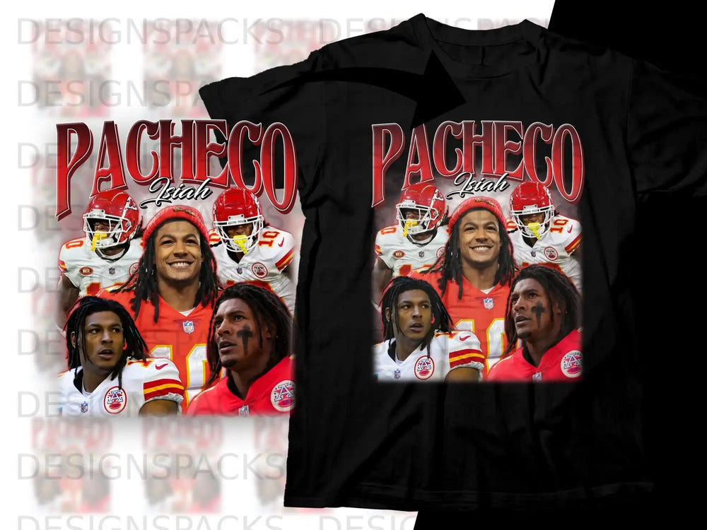 Kansas City Chiefs players Isiah Pacheco and Travis Kelce on black t-shirt.