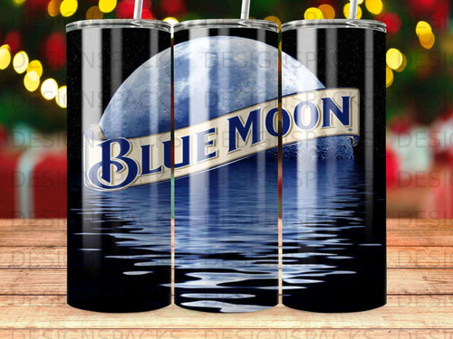 Blue Moon beer logo on a full moon reflected in water.