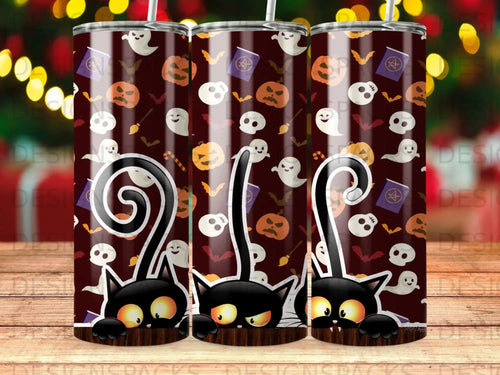 Black cats, ghosts, pumpkins, and bats on a Halloween-themed tumbler.
