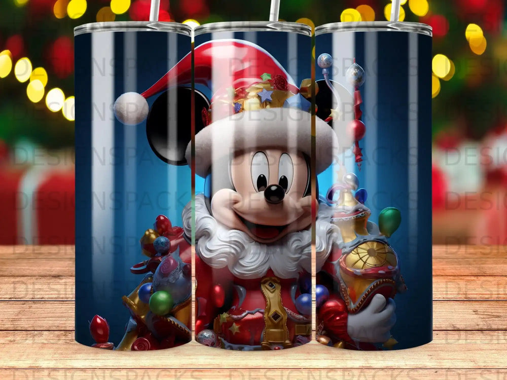 Mickey Mouse in a Santa hat with festive ornaments and gifts.