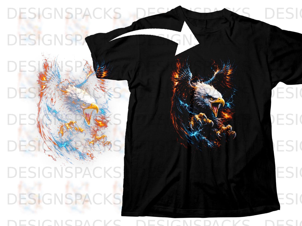 Black t-shirt with a graphic of a roaring bald eagle with fiery wings.