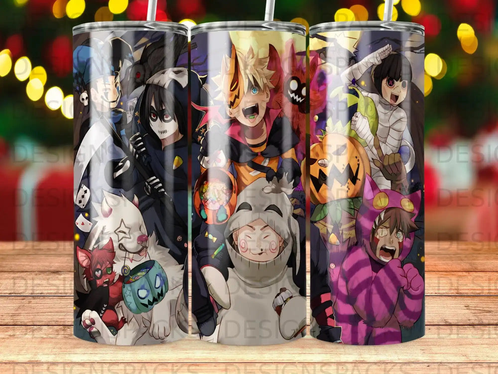 Anime characters in costumes on three tumblers, with bokeh background.
