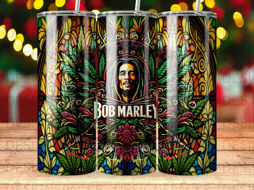 Bob Marley portrait with stained glass and cannabis leaf patterns.