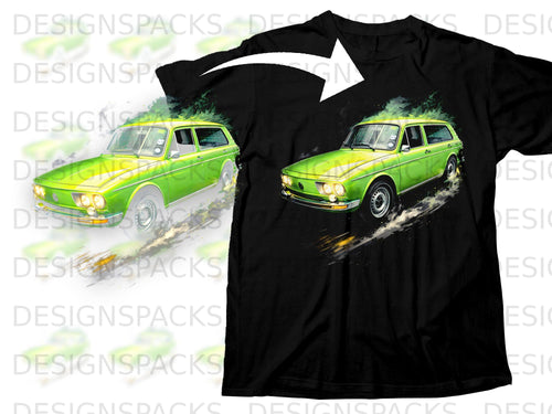 Black t-shirt with a graphic of a green classic station wagon in motion.