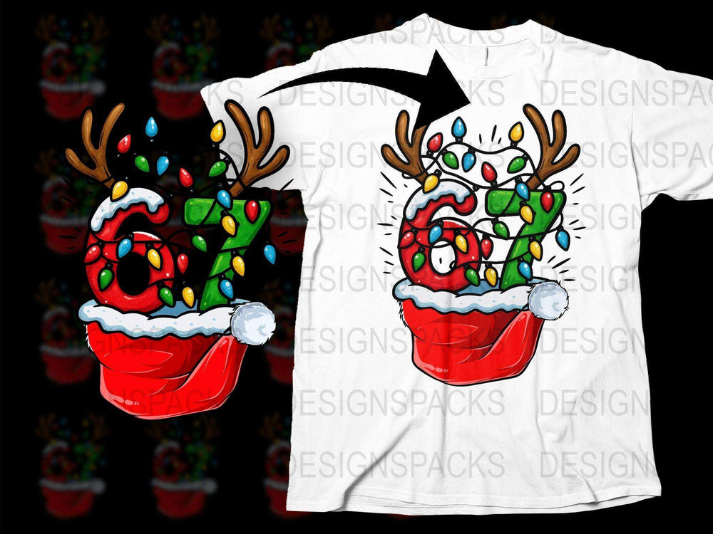 Christmas Reindeer T-Shirt, Festive Holiday Lights Graphic Tee, Funny Santa Hat and Antlers Top, Unisex Adult Clothing