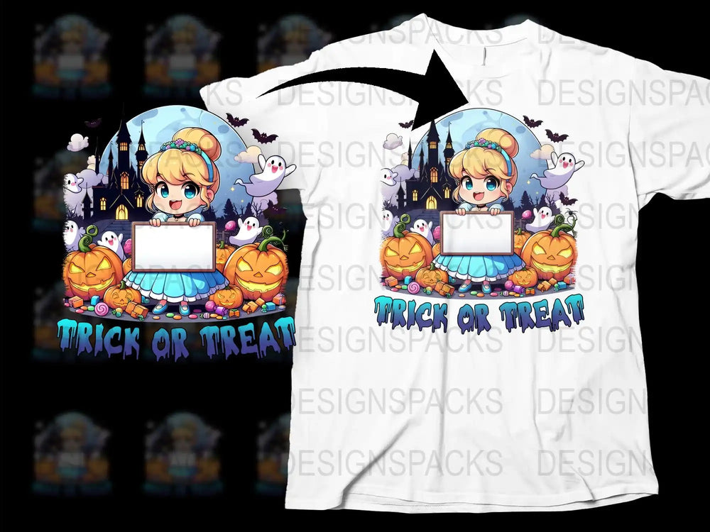 Kids Halloween T-Shirt, Cute Cartoon Witch and Ghosts, Trick or Treat Design, Boys and Girls White Tee