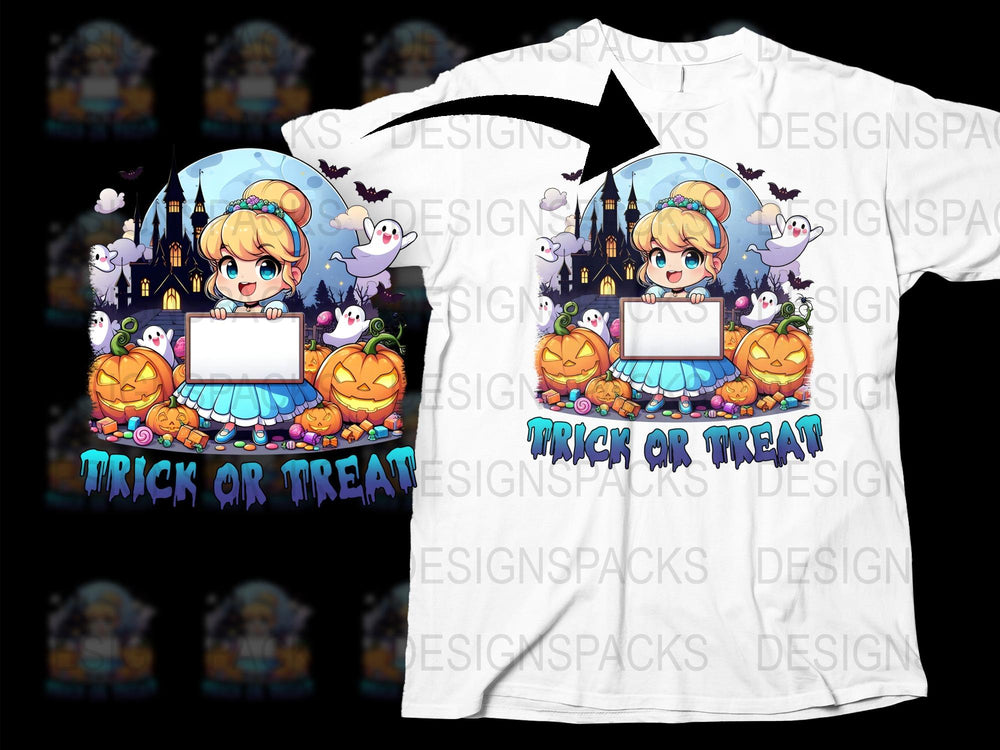 Kids Halloween T-Shirt, Cute Cartoon Witch and Ghosts, Trick or Treat Design, Boys and Girls White Tee