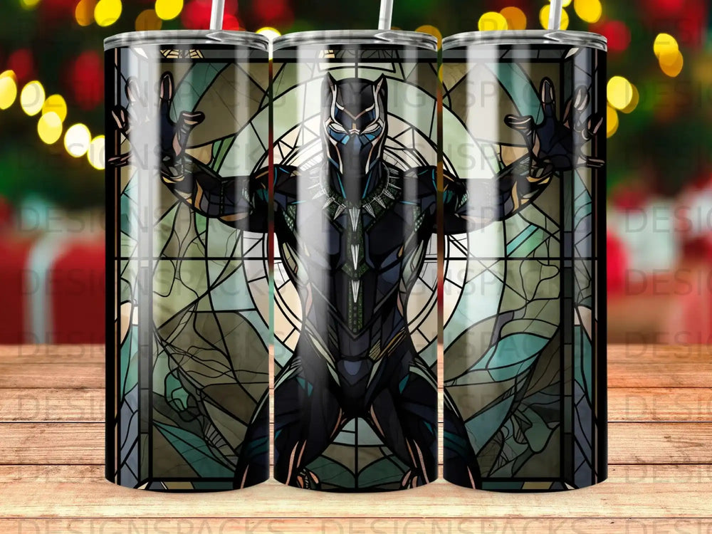 Black Panther superhero in stained glass style, standing with arms outstretched.