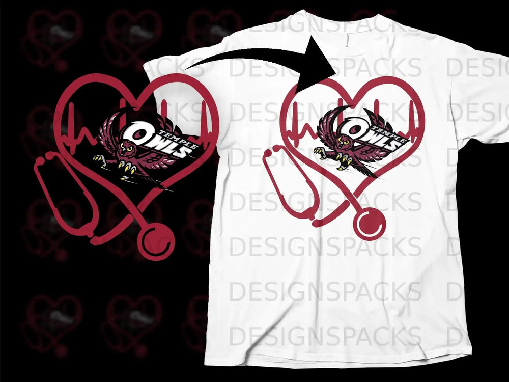 Temple Owls Heartbeat Stethoscope Design T-Shirt
