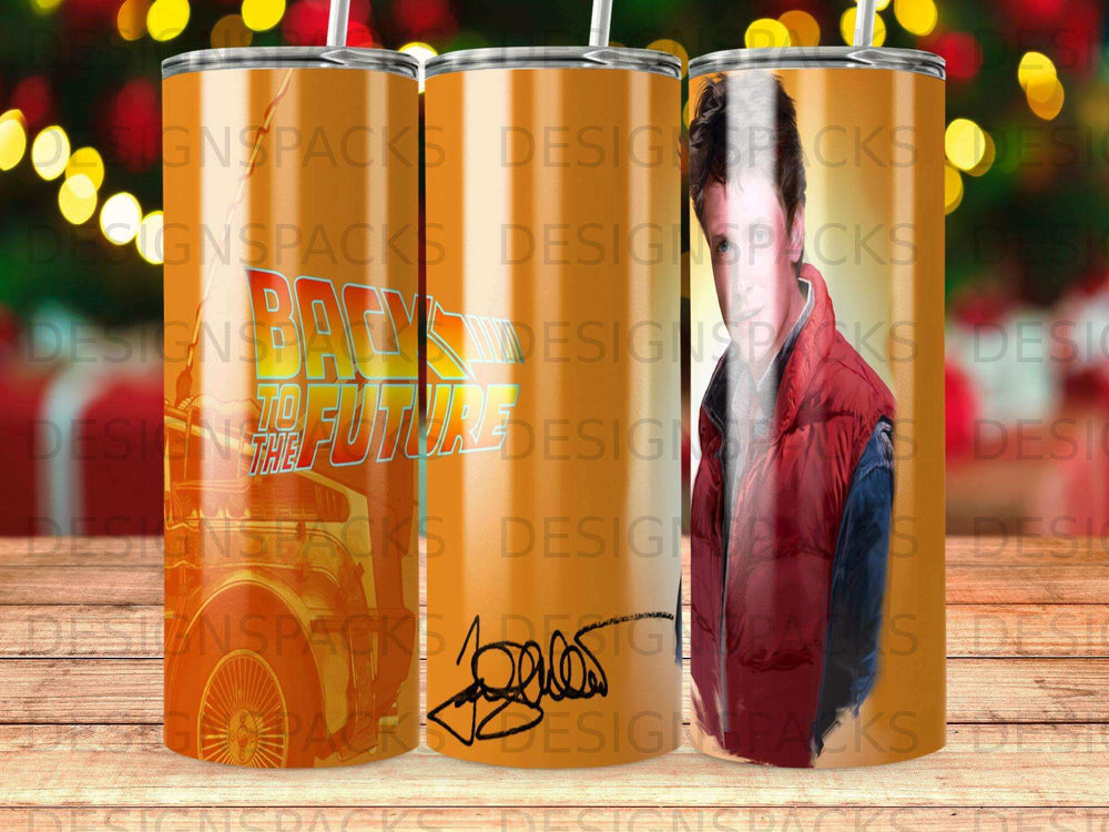 Back to the Future tumbler with DeLorean and Marty McFly graphic.