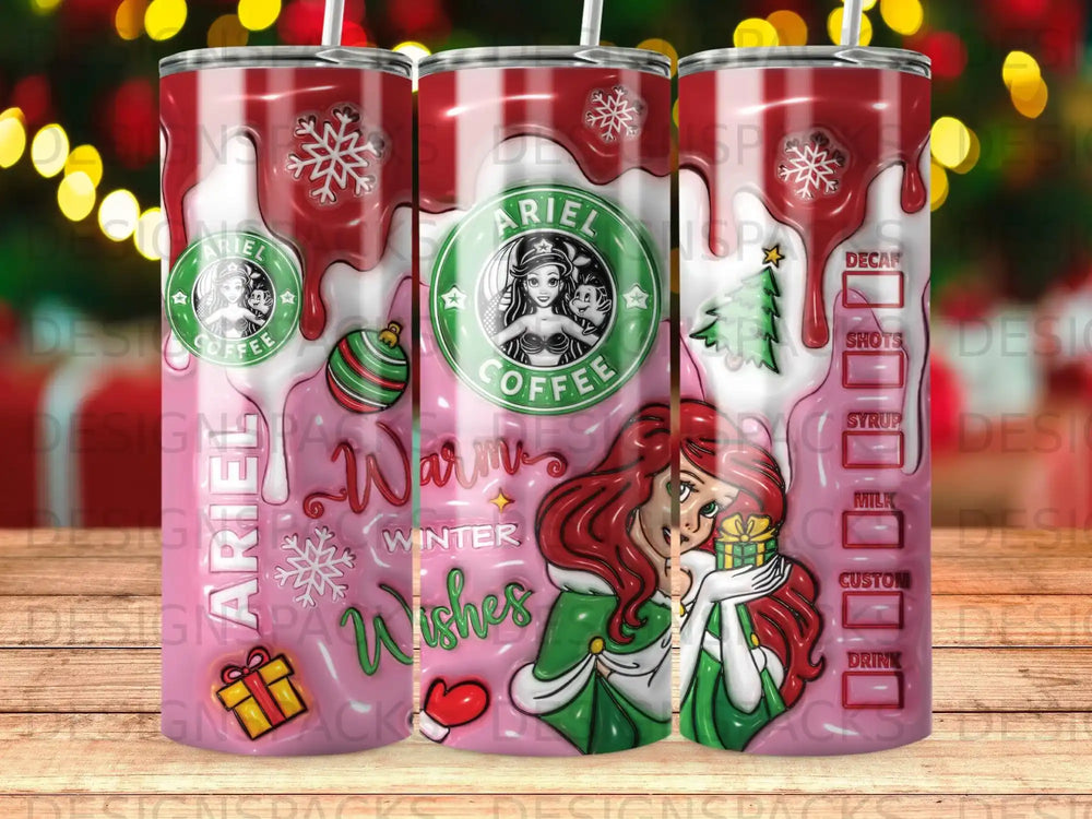 Ariel, the Little Mermaid, on a tumbler with "Warm Winter Wishes" and coffee branding.
