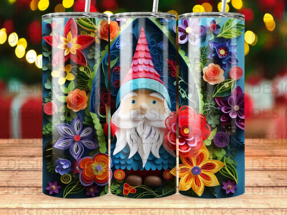 Gnome with beard and hat surrounded by colorful flowers and leaves.
