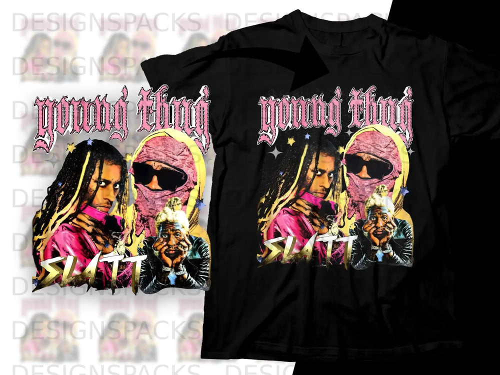 T-shirt graphic featuring "Young Thug Slatt" text and stylized portraits.