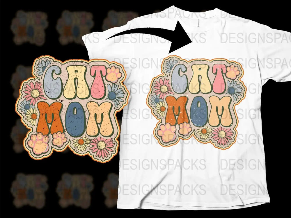 Cat Mom T-Shirt, Colorful Floral Graphic Tee, Casual Women's Fashion, Cute Cat Lover Gift, Soft Cotton Shirt