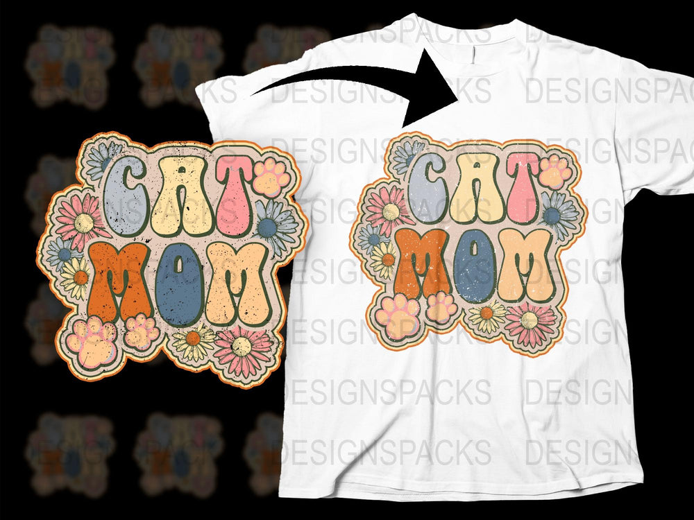 Cat Mom T-Shirt, Colorful Floral Graphic Tee, Casual Women's Fashion, Cute Cat Lover Gift, Soft Cotton Shirt