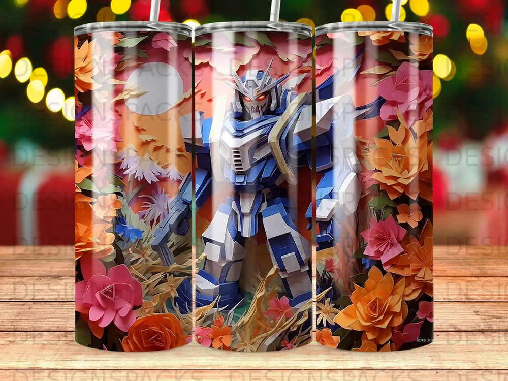 Blue and white robot amidst colorful floral and nature elements.