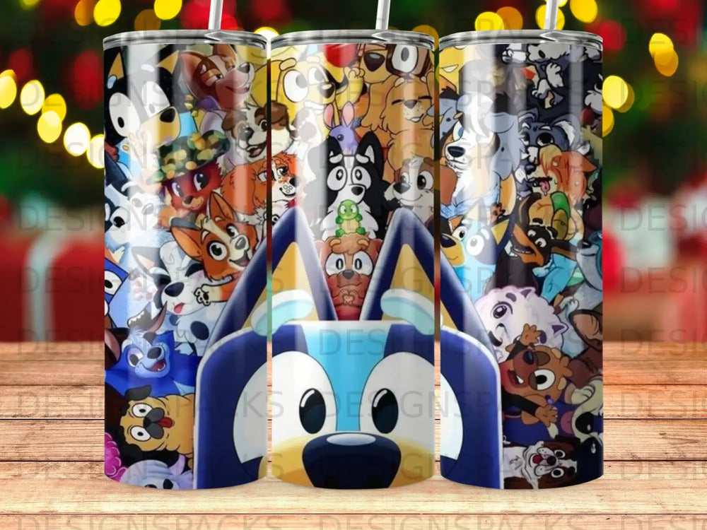 Bluey and friends cartoon characters on a patterned tumbler.