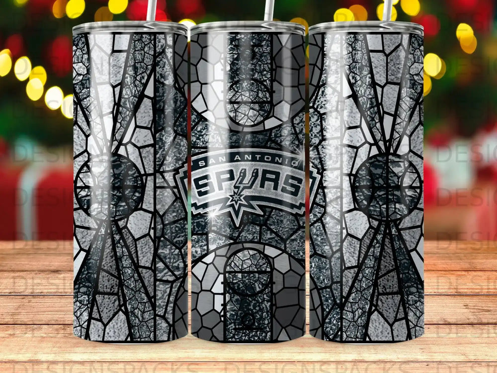 San Antonio Spurs logo on a silver geometric patterned tumbler.