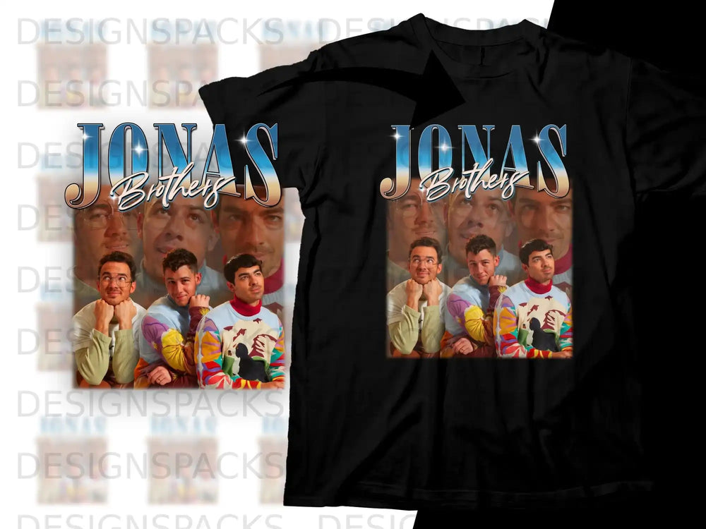 Jonas Brothers album art on a black t-shirt with repeating watermark.