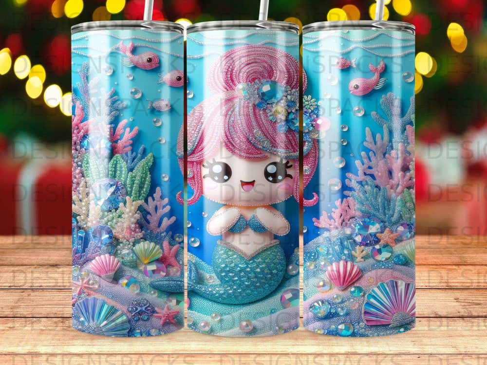 Cute cartoon mermaid with pink hair and scales in a colorful coral reef.