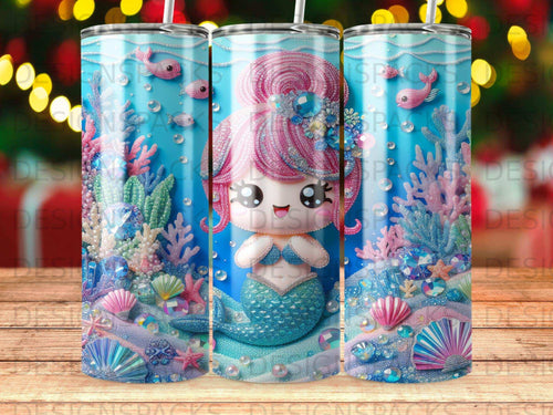 Cute cartoon mermaid with pink hair and scales in a colorful coral reef.