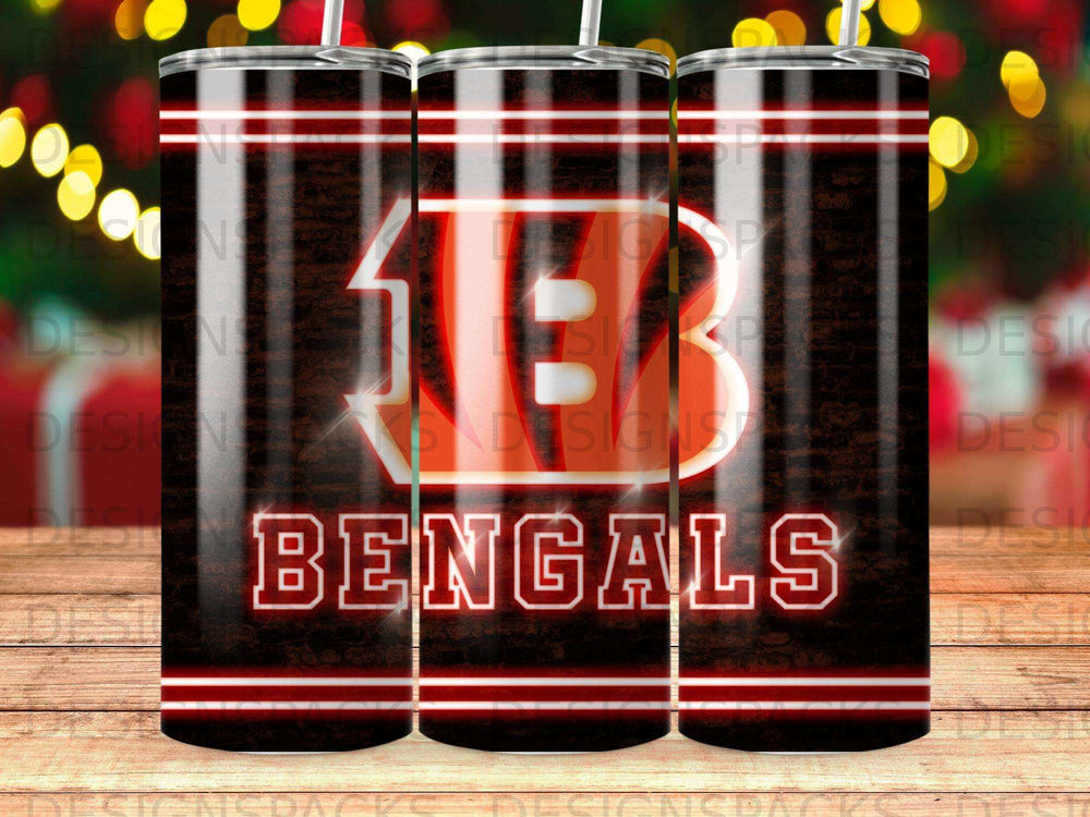 Cincinnati Bengals logo and text on a black and red striped tumbler.