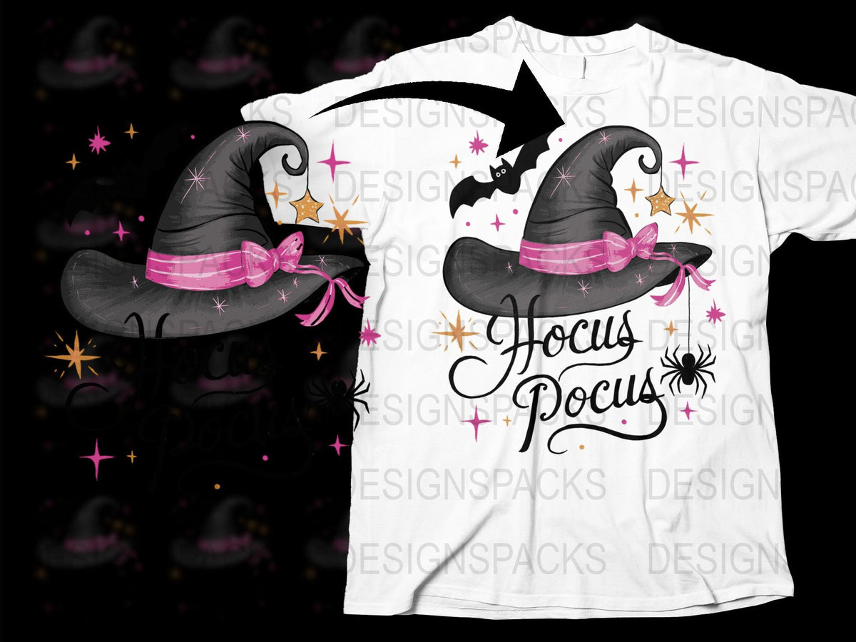Hocus Pocus Witch Hat Halloween T-Shirt, Magical Glitter Stars, Spooky Graphic Tee, Pink and Black Design
