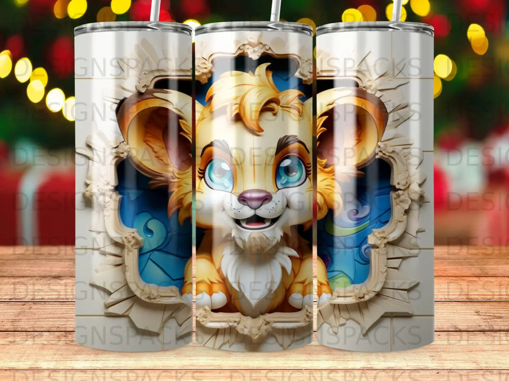 Cute cartoon lion cub with large blue eyes and ornate frame.