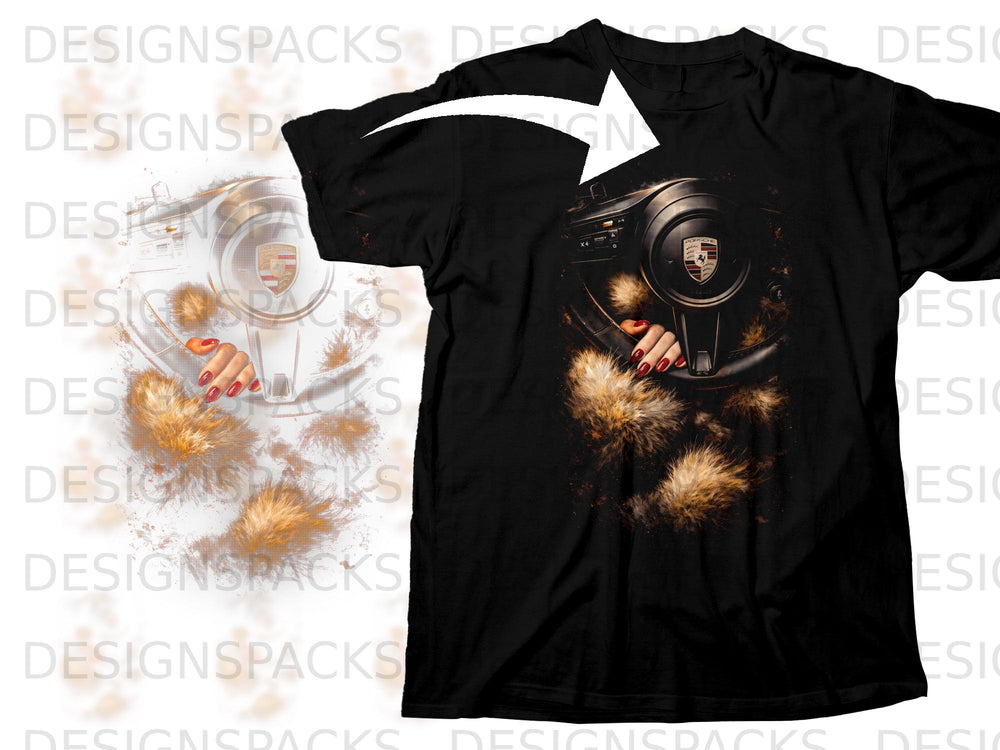 Black t-shirt with Porsche steering wheel and woman's hands graphic.