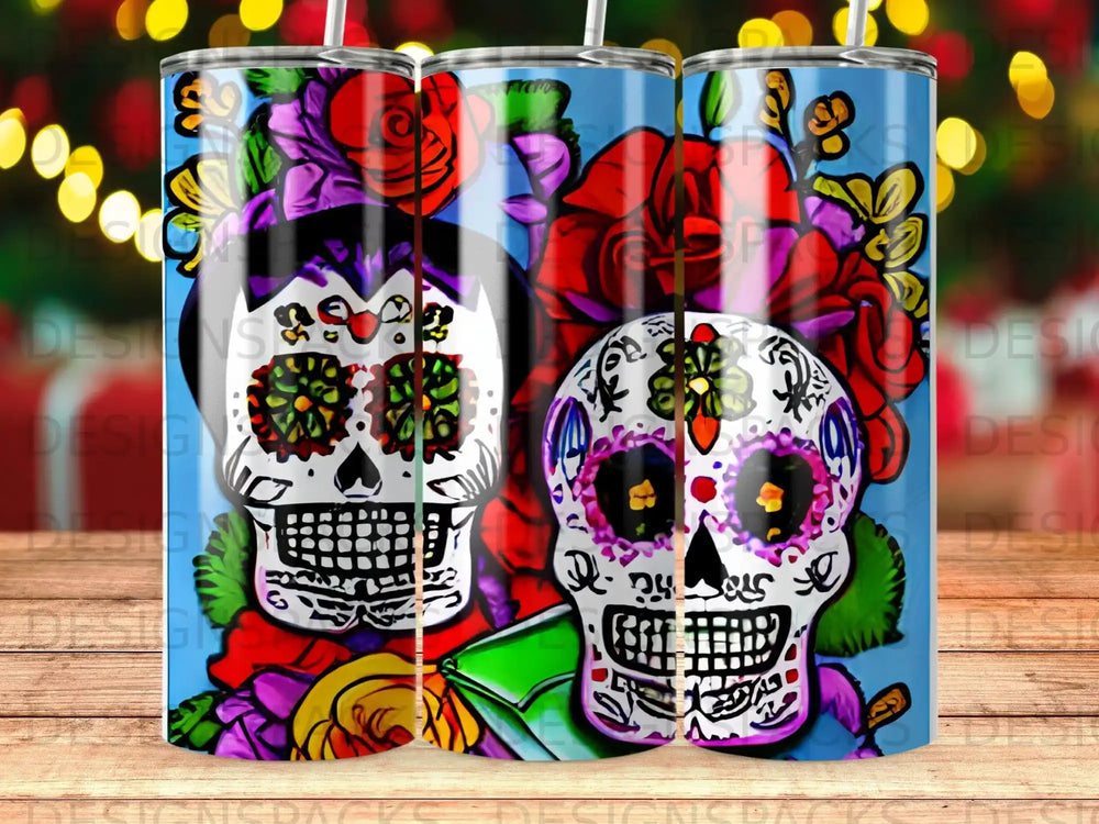 Sugar skulls with floral accents on a blue background.