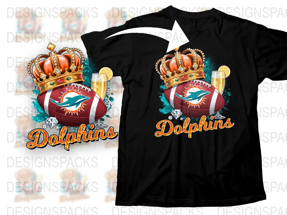 Miami Dolphins Themed T-Shirt, Crown and Football Design, Stylish Sports Apparel for Fans