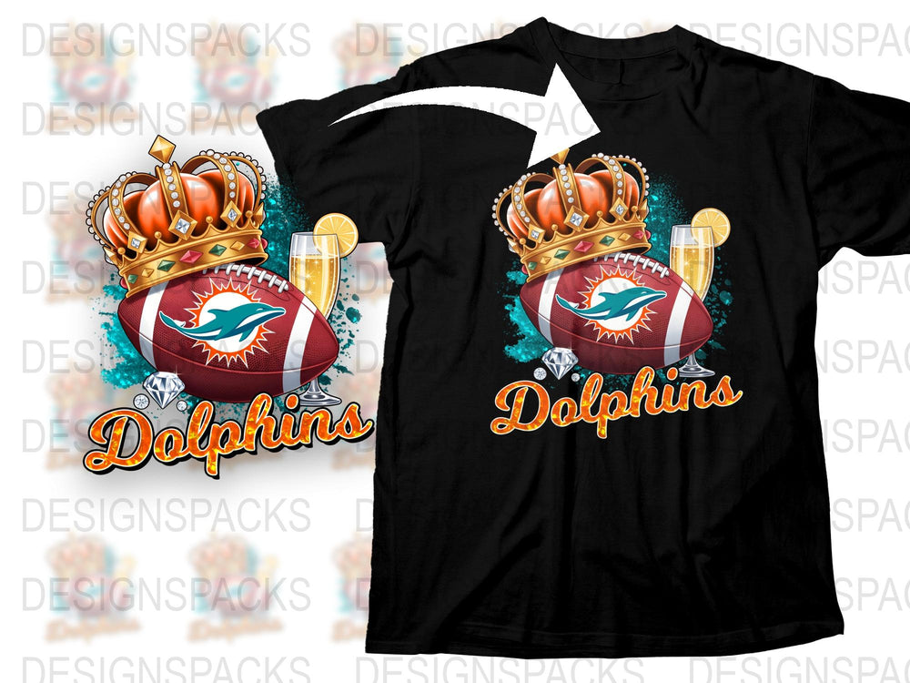 Miami Dolphins Themed T-Shirt, Crown and Football Design, Stylish Sports Apparel for Fans