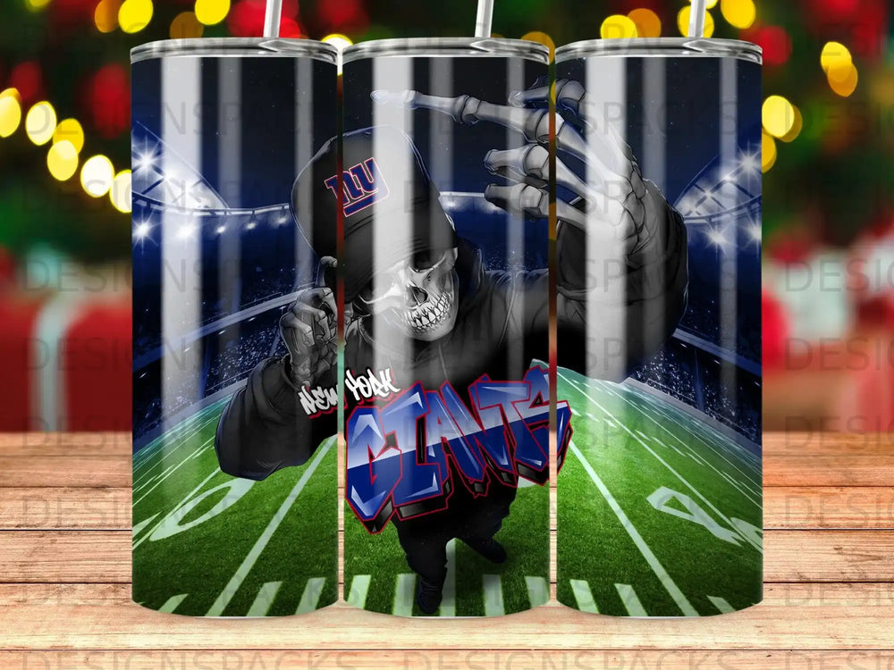 Skeleton in hoodie with "New York State" graffiti on football stadium background.