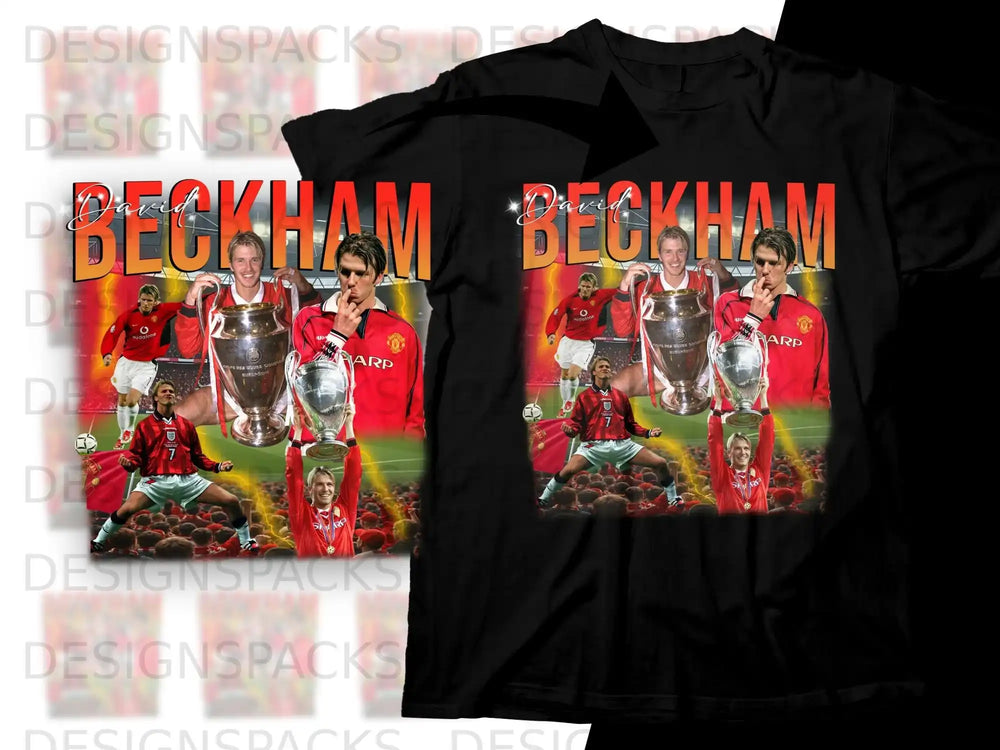David Beckham on a t-shirt with a trophy and football players.
