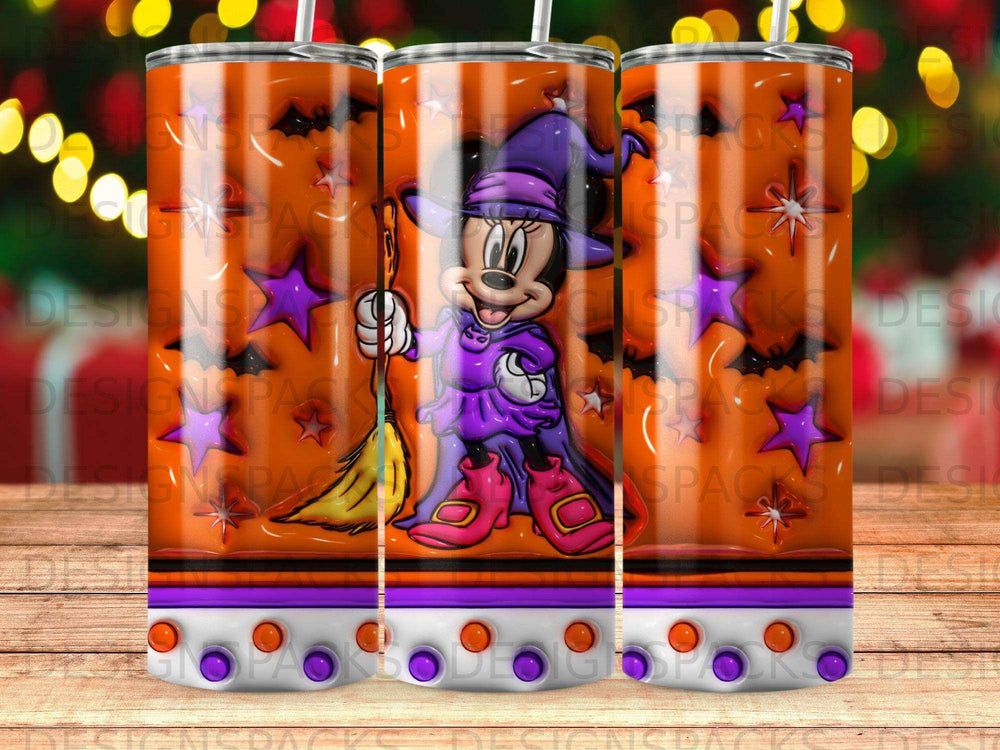 Minnie Mouse in witch costume holding broom with orange, purple, and white striped pattern.