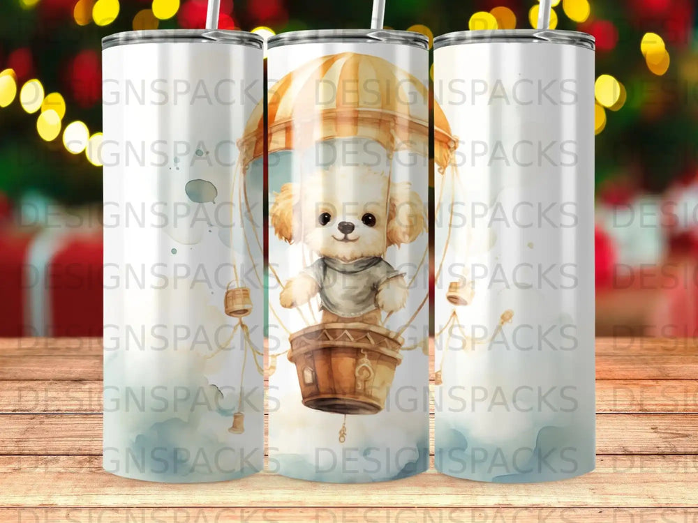 Fluffy dog in a hot air balloon, "DESIGNSPACKS" watermark.