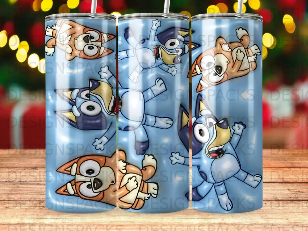 Bluey and Bingo characters on a blue background with abstract glowing elements.