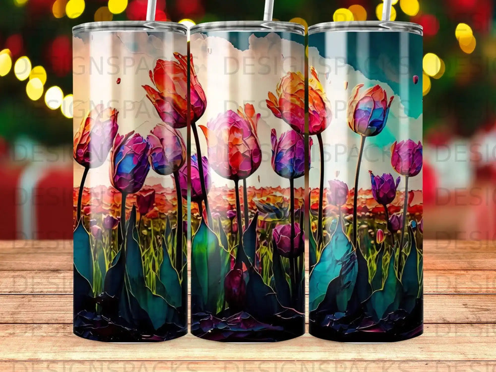 Three tumblers featuring vibrant, painterly tulips with stylized green leaves.