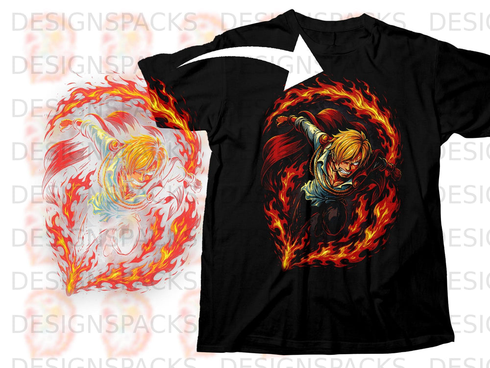 Black t-shirt featuring anime character engulfed in flames.