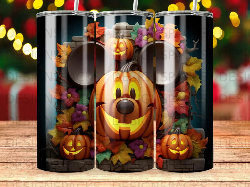 Jack-o'-lantern with Mickey Mouse ears surrounded by autumn leaves.