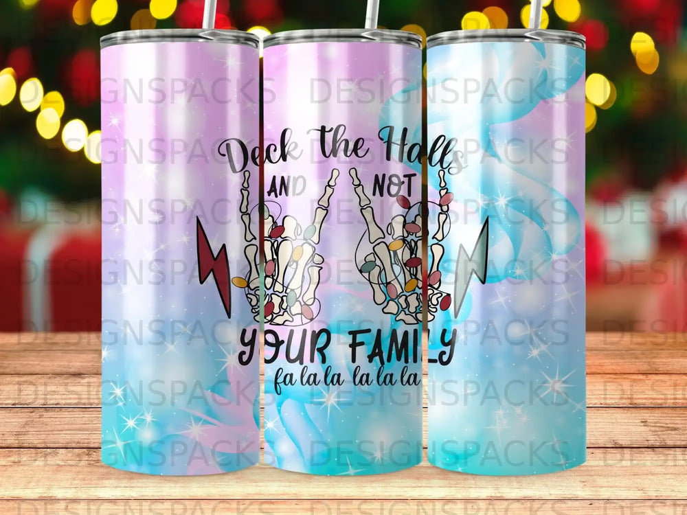 Skeleton hands holding a string of Christmas lights on a gradient tumbler.