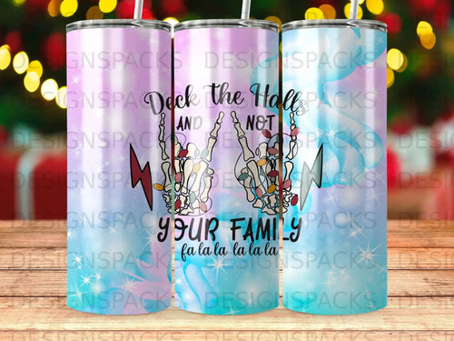 Skeleton hands holding a string of Christmas lights on a gradient tumbler.