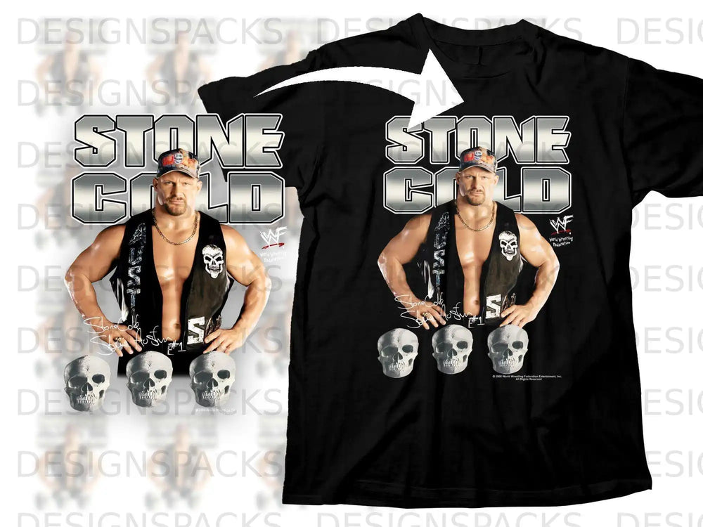 Stone Cold Steve Austin "Stone Cold" t-shirt with skulls and wrestling federation logo.