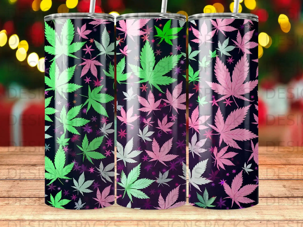 Three tumblers with a repeating pattern of pink and green marijuana leaves.