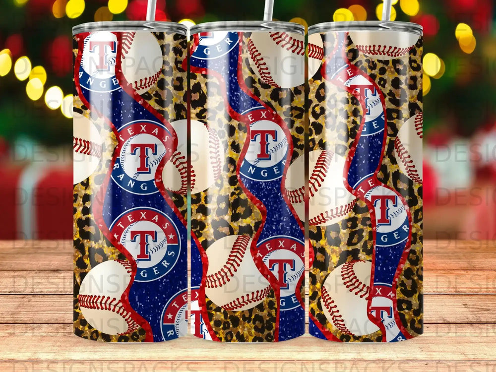 Tumbler with Texas Rangers logo, baseballs, and leopard print pattern.